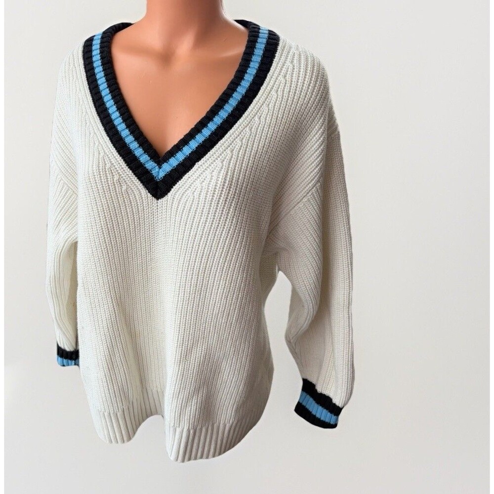 Weekday White Ribbed V-Neck Sweater Jumper Blue Black Stripe Cricket Size S Prep